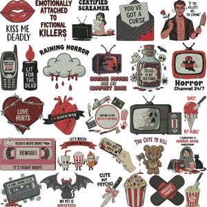 May include: A collection of horror-themed stickers featuring various illustrations including a bloody heart, vintage televisions, cassette tapes, popcorn buckets, knives, and text phrases like Kiss Me Deadly, Love Hurts, and Horror Channel 24/7.