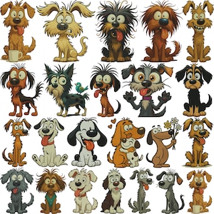 Może przedstawiać: Kolekcja ilustracji psów z kreskówek w różnych pozach i kolorach. Psy mają ekspresyjne twarze i są przedstawione w zabawnym, kapryśnym stylu. Niektóre psy trzymają przedmioty, takie jak kubek lub kwiaty.