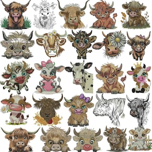 May include: A collection of various cartoon illustrations of Highland cows. The images showcase different styles, including detailed drawings, sketches, and colorful depictions. Some cows have accessories like flowers, bows, and crowns.