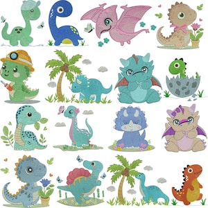 Pode incluir: Uma coleção de bordados de dinossauros coloridos. Os desenhos incluem vários dinossauros em tons de verde, azul, rosa e laranja, com detalhes como borboletas, flores e palmeiras. Adequado para trabalhos manuais infantis.