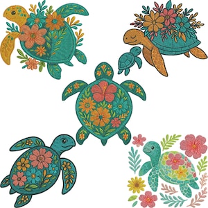 Puede incluir: Colección de tortugas marinas bordadas en varias poses y tamaños. Las tortugas son de color turquesa, naranja y amarillo, con diseños florales en sus caparazones. Las flores son en tonos rosa, naranja y amarillo, con hojas verdes.