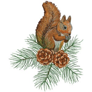 May include: Embroidered design of a squirrel holding a nut, perched on a pine branch with two pine cones. The squirrel has brown fur and a fluffy tail. The pine needles are green, and the cones are brown.