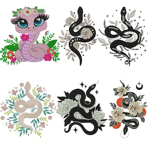 May include: Six snake designs are shown. The designs include a cartoon snake with flowers, and several stylized snakes with floral and celestial accents. The colour palette includes pink, black, white, and green.