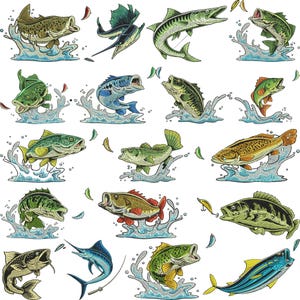 Può includere: Una collezione di illustrazioni di vari pesci, tra cui spigole, marlin e barracuda, ognuno raffigurato mentre salta fuori dall'acqua con spruzzi. I pesci sono colorati in tonalità di verde, blu, giallo e marrone, accompagnati da esche da pesca.