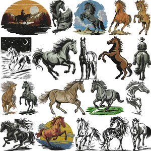 May include: A collection of horse illustrations in various styles. The images include horses in different poses, such as running, rearing, and standing. Some illustrations feature riders, while others are detailed drawings.