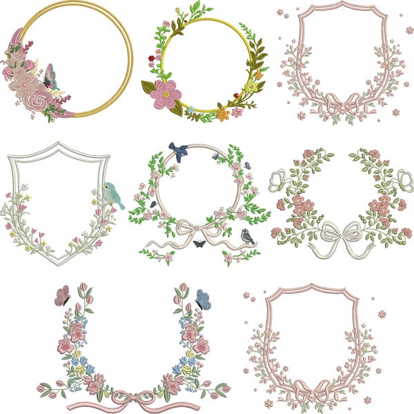 Floral Wreath Embroidery Design, Elegant Floral Frame Embroidery, Botanical Monogram Wreath Border Wedding Embroidery Designs