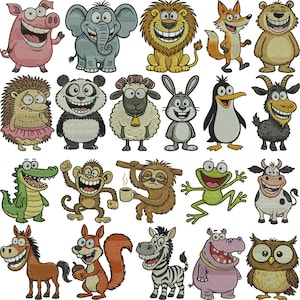 Może przedstawiać: Kolekcja haftowanych zwierząt z kreskówek, w tym świnia, słoń, lew, lis, niedźwiedź, jeż, panda, owca, królik, pingwin, koza, aligator, małpa, leniwiec, żaba, krowa, koń, wiewiórka, zebra, hipopotam i sowa. Każde zwierzę ma uśmiechniętą minę.