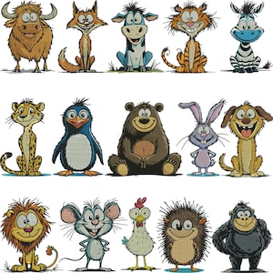 Puede incluir: Ilustraciones de dibujos animados de animales coloridos, incluyendo un toro, un zorro, una vaca, un tigre, una cebra, un guepardo, un pingüino, un oso, un conejo, un perro, un león, un ratón, una gallina, un erizo y un gorila.