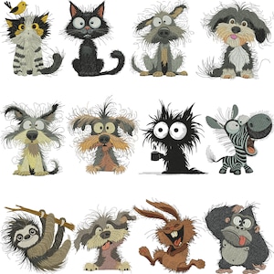 Può includere: Una collezione di ricami di animali dei cartoni animati, tra cui un gatto, cani, una zebra, un bradipo, un coniglio e un gorilla. Gli animali hanno tratti esagerati e uno stile stravagante, con una varietà di colori e trame.