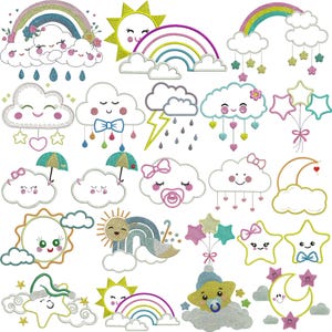 May include: A collection of embroidered designs featuring whimsical weather elements. Includes smiling clouds, rainbows, suns, stars, and rain. Designs are in pastel colors with cute details like bows, umbrellas, and pacifiers. Ideal for baby-themed crafts.
