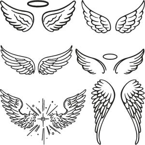 Puede incluir: Ilustraciones de alas de ángel en blanco y negro. Los diseños varían en tamaño y estilo, algunos con halos. Las alas presentan patrones de plumas detallados y contornos estilizados, adecuados para proyectos de manualidades.