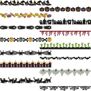 May include: A collection of Halloween-themed embroidery designs. Includes witch hats, pumpkins, candy corn, coffins, tombstones, dripping blood, skulls, zombie hands, spiders, bats, candles, ghosts, black cats, and spiderwebs.