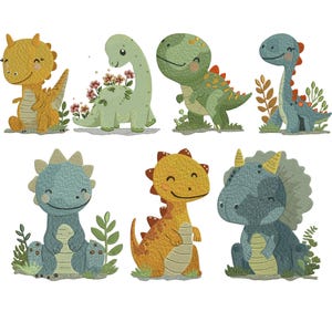 May include: A collection of eight cartoon dinosaurs in various colors, including yellow, green, and blue. Each dinosaur has a unique design, with some featuring floral accents and different poses. The dinosaurs are set against a white background.