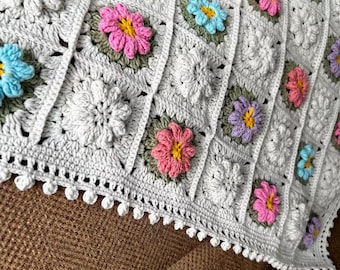 Handmade Floral Granny Square Crochet Blanket: Vintage Boho Afghan Throw