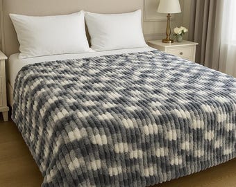 Handgemaakte grof gehaakte deken: grijs-wit pluche plaid