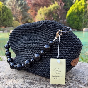 Handmade Black Crochet Handbag with Beaded Handle – Elegant Shoulder Bag with Fabric Lining