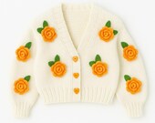 Hot Cream Knit Cardigan with orange Crochet Flowers – Handmade Chunky Sweater, Bold Statement Knitwear
