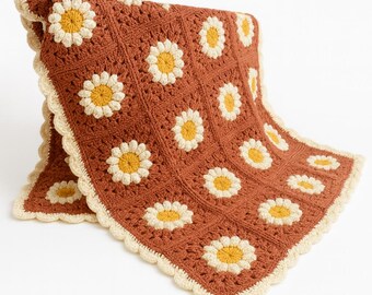 Handmade Crochet Daisy Granny Square Blanket: Retro Boho Throw