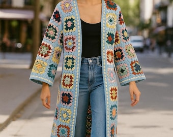 Handmade Boho Crochet Cardigan – Black Multicolor Granny Square Long Jacket – Festival Retro Hippie Clothing