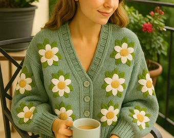 Leilayca Purple Roses Cardigan , Chunky Cropped Cardigan for Woman