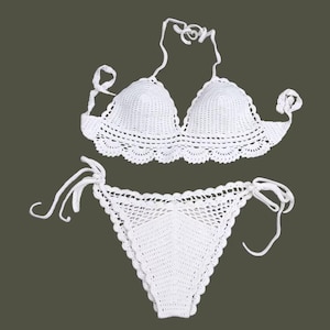 White Crochet Bikini Set – Handmade Two-Piece Swimsuit, Boho Festival Swimwear, Bridal Honeymoon Crochet Bikini (XS–5XL)
