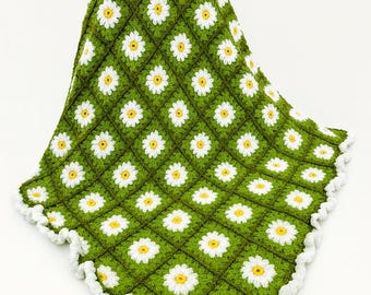 Handmade Green Crochet Daisy Blanket: Boho Granny Square Throw
