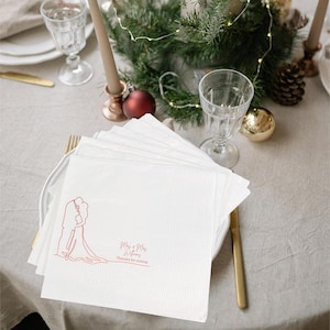 Custom Line Art Couple Wedding Napkins, Vintage Wedding Napkin, Personalized Wedding Napkins Cocktail Mr & Mrs Beverage for Engagement Party