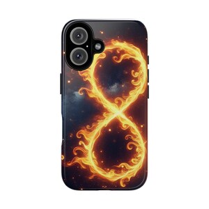 May include: Black phone case featuring a fiery infinity symbol in shades of orange and yellow. The design has a cosmic background with stars and a dark blue sky. The phone case has a dual-lens camera.