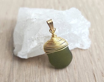 Surf Tumbled Natural Seaglass Pendant - Gold Tone Wire Wrapped - DAPHNE