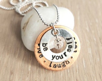 Handstamped Inspirational Mixed Metal Necklace - Copper and Sterling Silver with Swarovski Crystal Accent - INDIVIDUAL