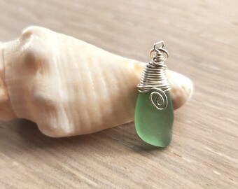 Surf Tumbled Natural Seaglass Pendant - Sterling Silver Wire Wrapped - RAYLENE