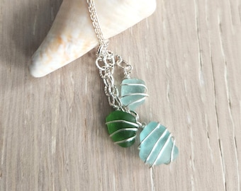 SURF TUMBLED Wire Wrapped Seaglass Necklace - Green and Aqua - APHRODITE