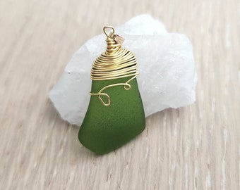 LARGE Surf Tumbled Natural Seaglass Pendant - Gold Tone Wire Wrapped - SELWYN