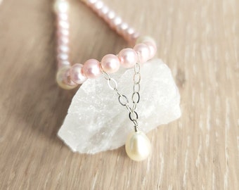 Pink Pearl Strand Necklace - White Freshwater Pearl Accents - ZOE