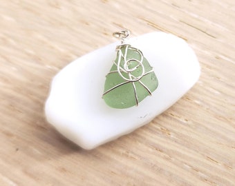 Surf Tumbled Natural Seaglass Pendant - Sterling Silver Wire Wrapped - TULLY