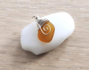 Surf Tumbled Natural Seaglass Pendant - Sterling Silver Wire Wrapped - NYA