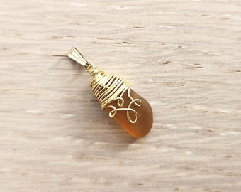 Surf Tumbled Natural Seaglass Pendant - Gold Tone Wire Wrapped - YOLANDA