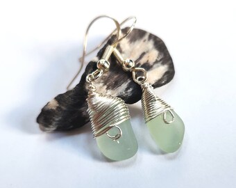 SURF TUMBLED Aqua Seaglass Earrings - Wire Wrapped with Sterling Silver - CORENA