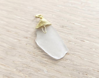 LARGE Surf Tumbled Natural Seaglass Pendant - Gold Tone Wire Wrapped - KRYSTEL