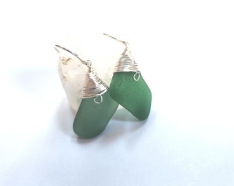SURF TUMBLED Dark Green Aqua Seaglass Earrings - Wire Wrapped with Sterling Silver - CARMELA