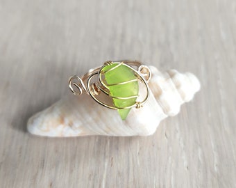 Lime Green Natural Seaglass Wire Wrapped Gold Tone Ring - Size 5.5 - DARLA