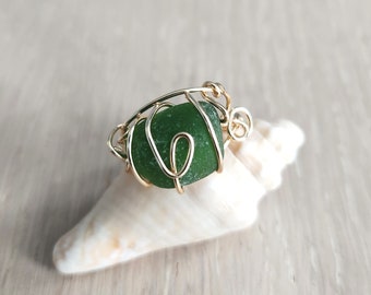 Green Natural Seaglass Wire Wrapped Gold Tone Ring - Size 7 - PAVLA