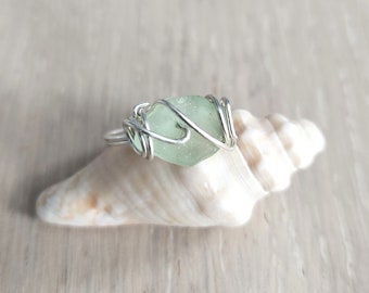 Aqua Natural Seaglass Wire Wrapped Sterling Silver Ring - Size 8.5 - HARLEN
