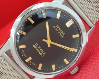 Vintage Montine Handaufzug Schweizer Herrenuhr Schwarze Zifferblatt Uhr A370