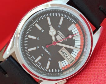 Vintage Refurbished Seiko 5 Automatic 6309a Japan Mens Day&Date Transparent Back Black Color Dial Wrist Watch a383