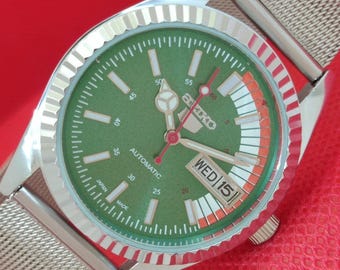 Reloj de pulsera vintage Seiko 5 Japan 6309a, automático, reacondicionado, para hombre, con fecha y día, esfera verde transparente (a232)