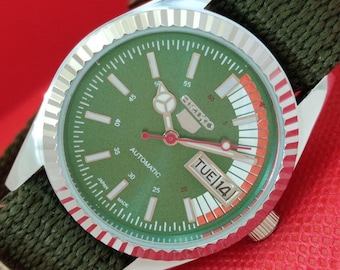 Reloj de pulsera vintage Seiko 5 automático 6309a, reacondicionado, japonés, para hombre, con fecha y día, esfera verde transparente, a214