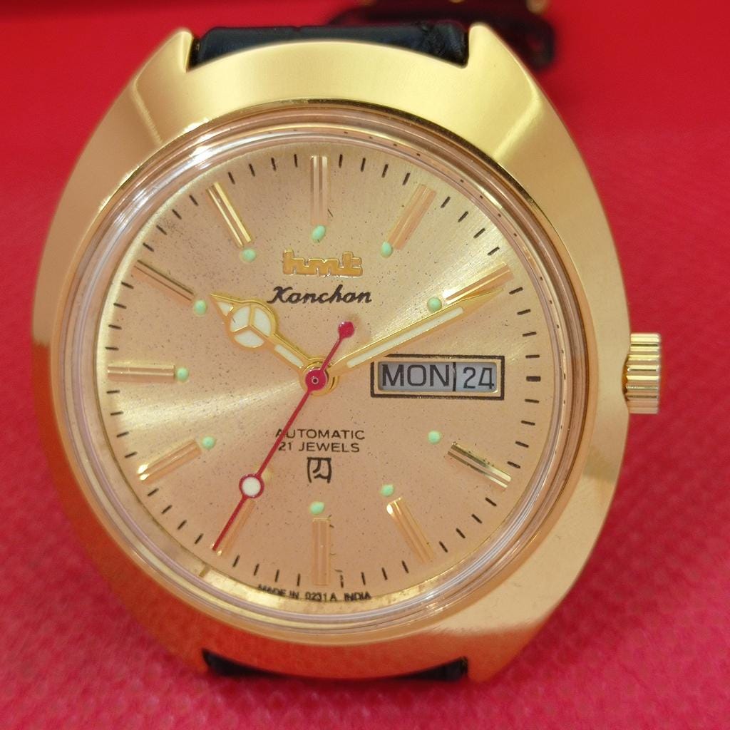 Vintage Hmt Kanchan 6501 Automatic Indian Mens Day&date Golden