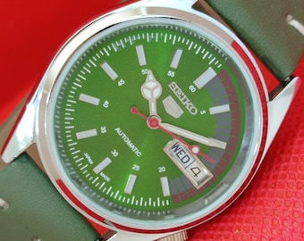 Reloj de pulsera Seiko 5 automático 6309a vintage reacondicionado para hombre, Japón, con día y fecha, esfera verde transparente (A384)