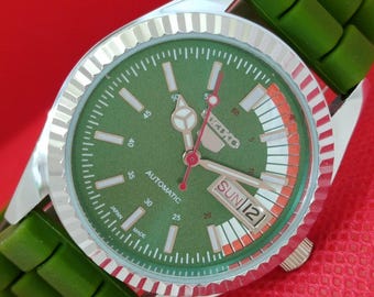 Reloj de pulsera vintage Seiko 5 automático 6309a, reacondicionado, japonés, para hombre, con fecha y día, esfera verde transparente (a199)
